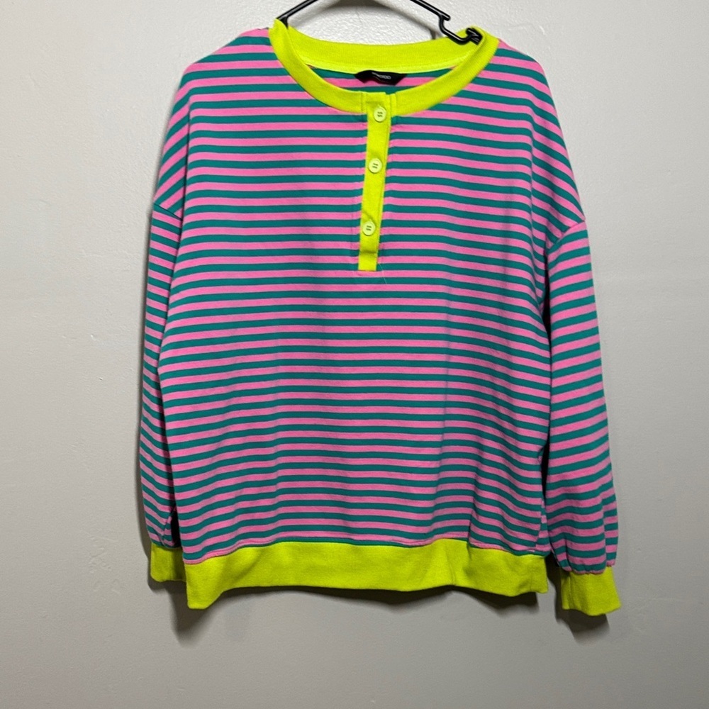 XOXO Neon Yellow Trim Pink and Teal Striped Long Sleeve Top